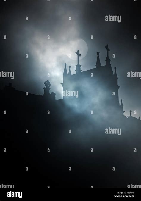 Backlit Old Cemetery In A Foggy Full Moon Night Stock Photo Alamy