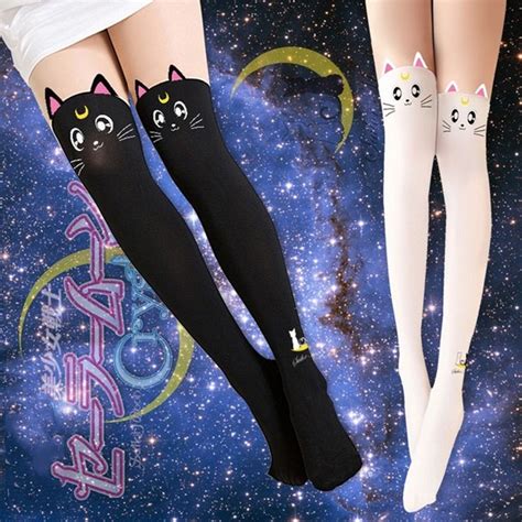 Anime Sailor Moon Cosplay Luna Cat Pattern Pantyhose Socks Stockings Kawaii Girls Long Socks Tig