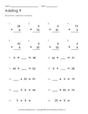 Adding 9 Worksheet | Free Printable First Grade Math Worksheets