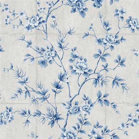 Sky blue floral botanical seamless pattern with striped background suitable for fashion. Seabrook Designs Great Wall Metallic Silver and Sky Blue ...