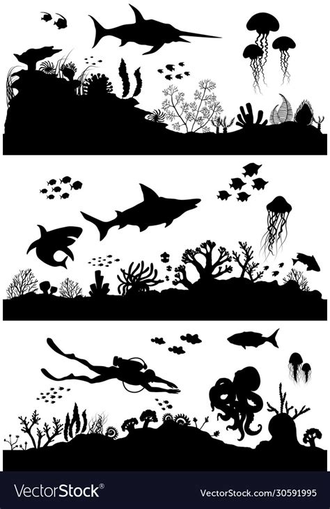 Silhouette Hand Drawn Sea Coral Reef Oceanic Vector Image