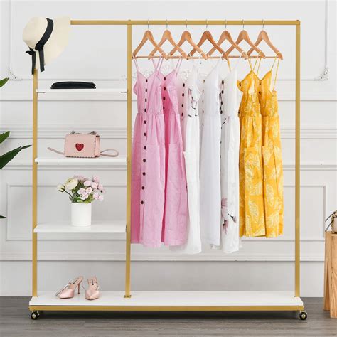 Buy Bosuru Gold Clothes Racks With 4 Tier Wood Shelves Modern