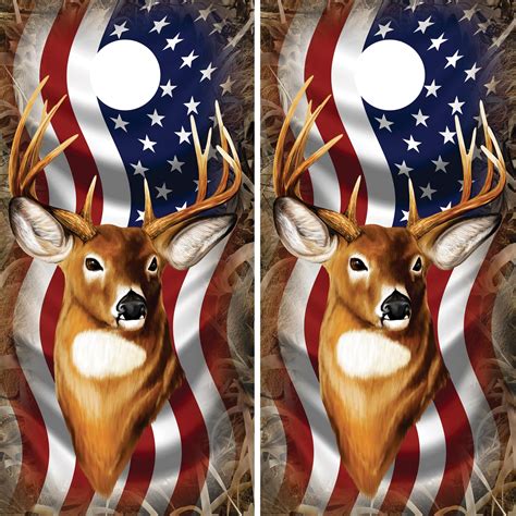 Deer Head With Grass Camo Faded Over American Flag