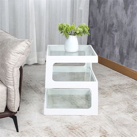 White Modern Unique Square Side Table Storage End Table With Shelf 3