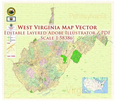 West Virginia State US Map Vector Exact State Plan High Detailed Street