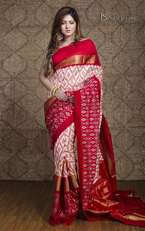 Double Patola Ikkat Silk Saree In Off White And Red Off White Saree