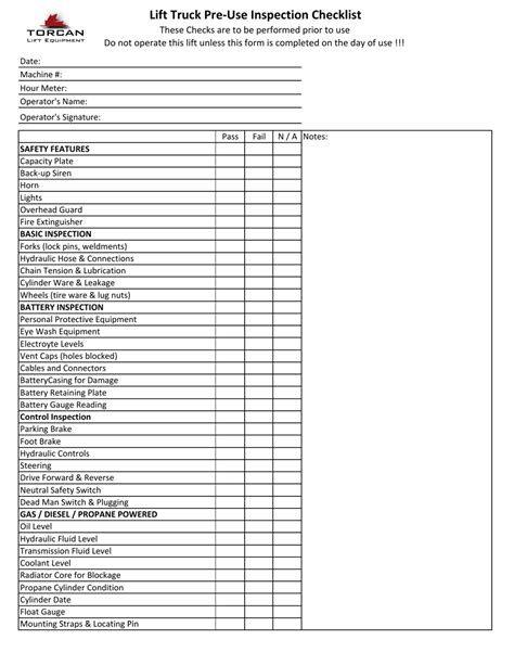 Lift Truck Pre Use Inspection Checklist Template Torcan Fill Out