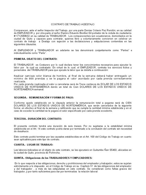 Ejemplo De Un Contrato Laboral De Trabajo Para Trabajadores