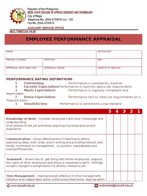 Sample Appraisal Form For Employees Performance Appraisal Time Management
