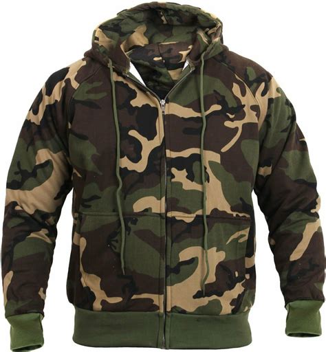 Mens Woodland Camouflage Zipper Sweatshirt Camo Hoodie Thermal Lined