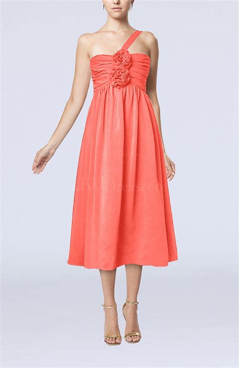 Living Coral Casual One Shoulder Sleeveless Chiffon Pleated Wedding