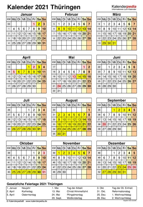 In deutschland hat die erste woche im kalender 2021 die kalenderwoche 53 (die erste kalenderwoche 'gehört' somit noch zum vorjahr) und. Kalender 2021 Thüringen: Ferien, Feiertage, Excel-Vorlagen