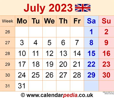 Calendar July 2023 Uk With Excel Word And Pdf Templates
