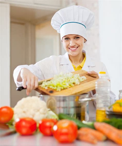 Happy Cook Woman Cooking Vegetarian Dinner Stock Photo Image Of