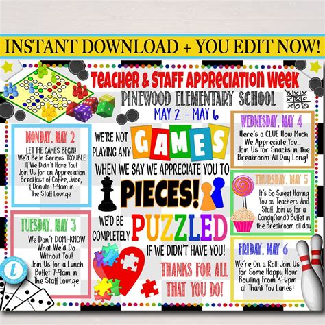 Games Theme Teacher Staff Appreciation Week Poster Printable Tidylady