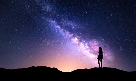 Beautiful Milky Way With Standing Woman Colorful Night