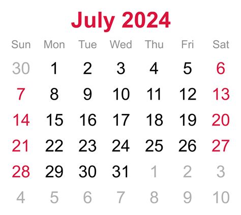Monthly Calendar Of July 2024 On Transparent Background 18745754 Png