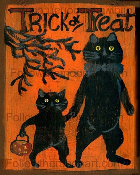 Trick Or Treat Primitive Vintage Look Black Cats Halloween Wall Art