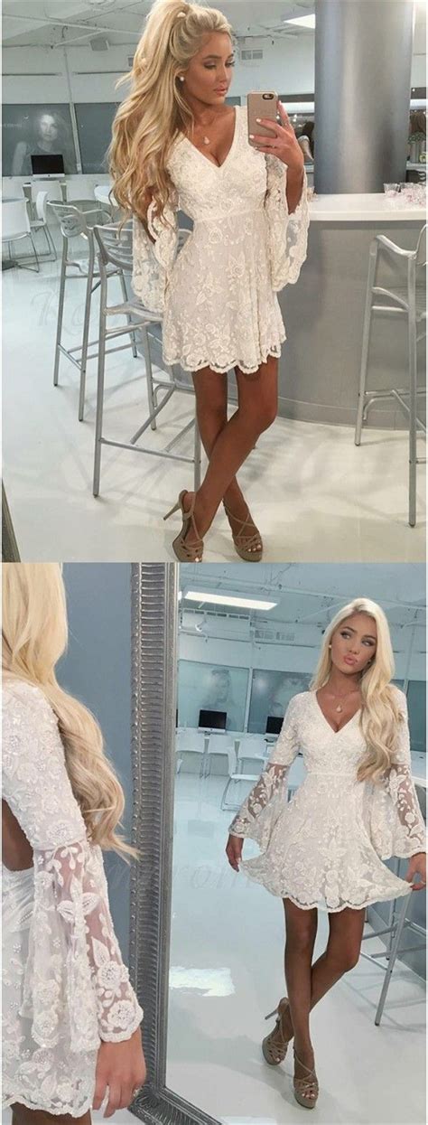 A Line V Neck Open Back Bell Sleeves Short White Lace Homecoming Dress