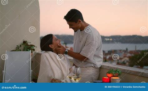 Married Sweethearts Talking Terrace At Sea View Hotel Romantic Couple Honeymoon Stock Image