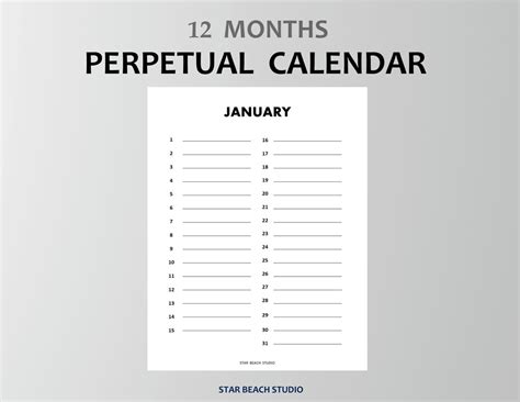 Perpetual Calendar Printable Birthday Anniversary Annual Events
