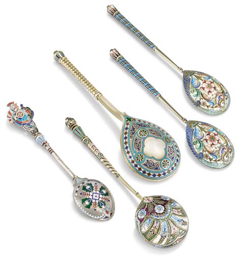 Five ChamplevÉ And CloisonnÉ Enamel Parcel Gilt Silver Spoons Various
