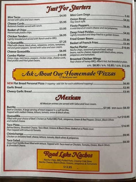 Online Menu Of Road Lake Pub And Grill Restaurant Tomahawk Wisconsin