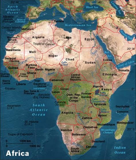 Physical map of african continent (rivers, mountains and deserts). Maps of North America
