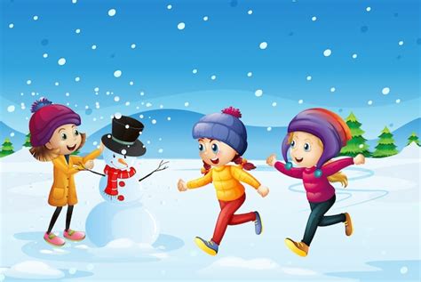 Free Vector Three Kids Playing Snowman In The Snow Field