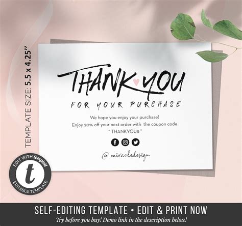 Business Thank You Card Order Inserts Template Instant Etsy