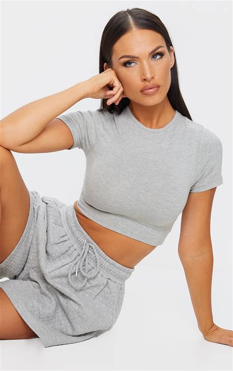Grey Cotton Cropped T Shirt Tops Prettylittlething Qa