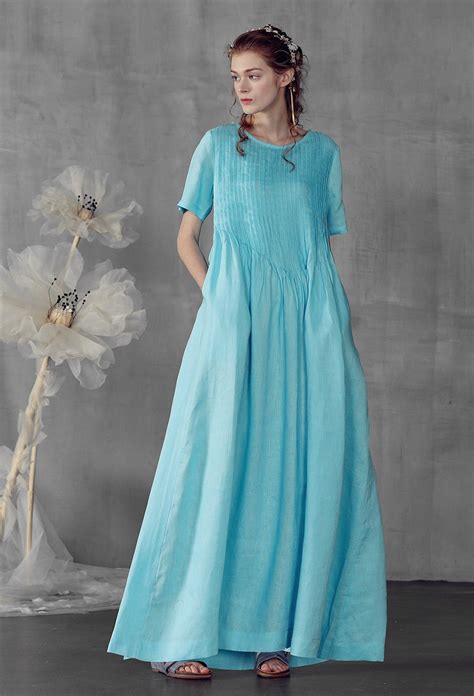 Maxi Pintucked Linen Dress In Sky Blue Linennaive Dresses Linen