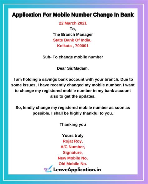 So please change my registered mobile number from_____ to_____. Application For Change Mobile Number In Bank