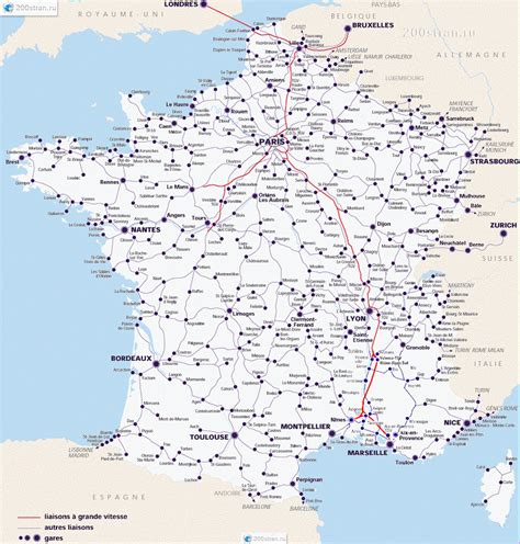 Карта железных дорог Франции со всеми станциями Map Of Railways Of