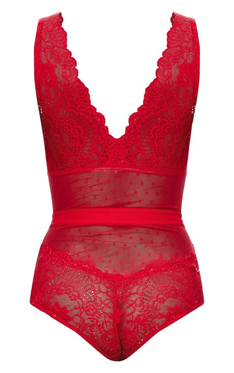 red lace bodysuit tops prettylittlething