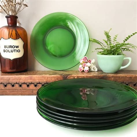 Vereco Emerald Green 6 Dinner Plates Vintage French Dinnerware Mid Century Green Glass