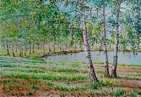 Birch Trees Painting Landscape Original Art Forest Lake Etsy