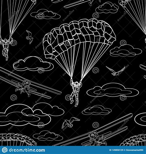 Contrast Seamless Pattern Of Contour White Figures Of Parachutists