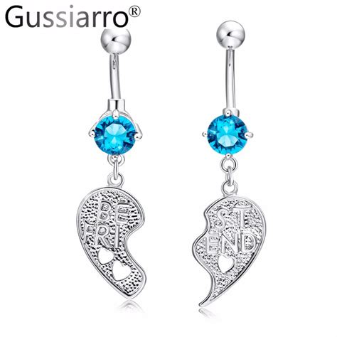 Gussiarro 1 Pair Cute Heart Clear Good Friend Blue Pink Crystal Belly Button Rings Navel