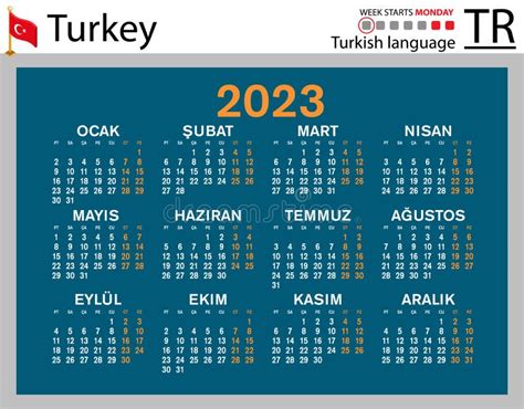 Turkish Horizontal Pocket Calendar For Week Starts Monday Stock