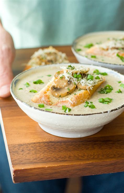 Pour the soup into a blender, filling the pitcher no more than halfway full. Creamy Mushroom Brie Soup with Garlicky Mushroom Bruschetta