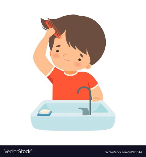 Little Boy Brushing His Wet Hair With Comb Vector Illustration Morning