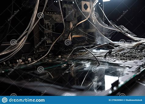 Close Up Of Broken Computer Screen With Wires And Cables Visible Stock