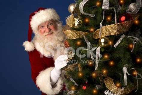 Santa Claus Looking From Behind A Christmas Tree Stock Photo Royalty