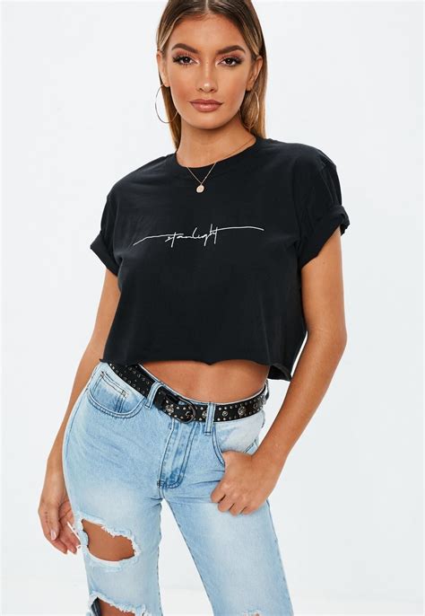 Missguided Black Starlight Sloagn Crop T Shirt Women Tops Online