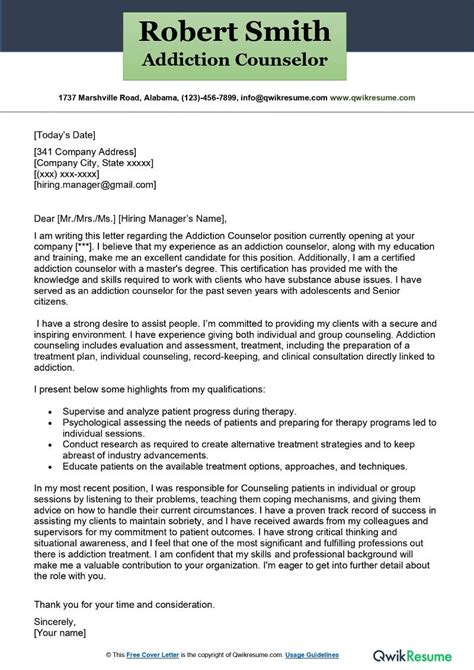 Addiction Counselor Cover Letter Examples Qwikresume