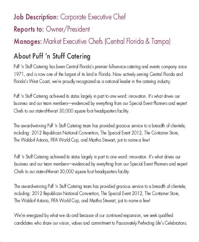 The duties of an executive assistant may vary greatly from one company to another. FREE 17+ Sample Executive Chef Job Descriptions in PDF ...