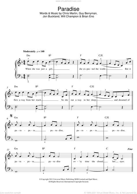 Coldplay Paradise Sheet Music Beginner For Piano Solo Beginners