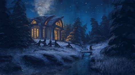 Download 1920x1080 Fantasy House Smoke Snow Winter Cold Trees