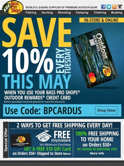 It also known as bass pro shop outdoor rewards credit card. Bass Pro Shops: 10% off EVERY Tuesday in May! | Milled